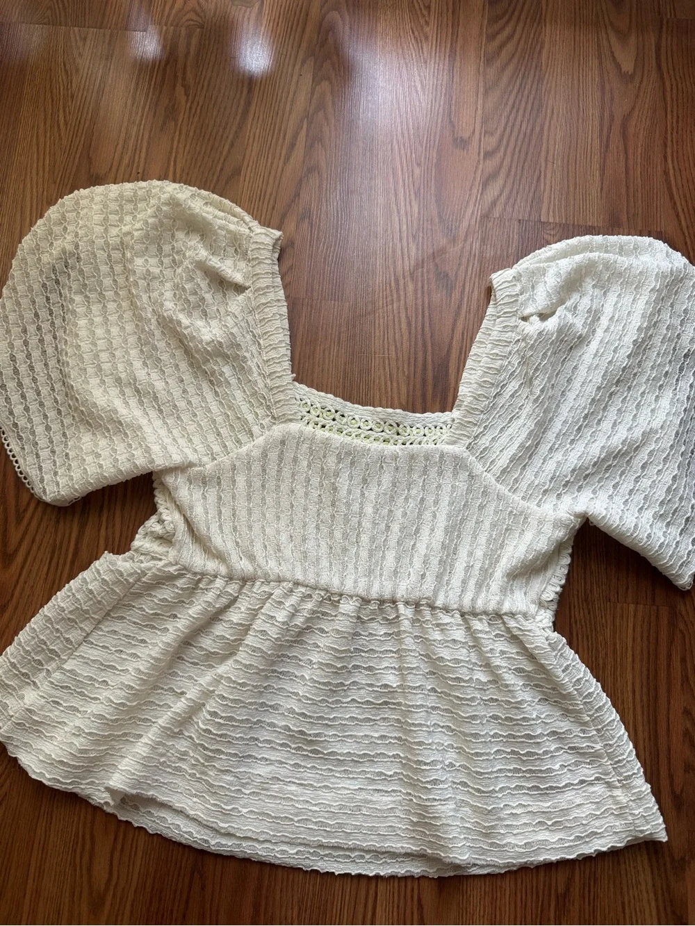 Anthropologie Sarah Hann Textured Crochet Puff Sleeve Top | Size Large